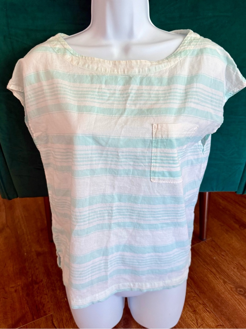 Patagonia Women’s Top Organic Cotton Hemp Medium Green White Stripe Lightweight